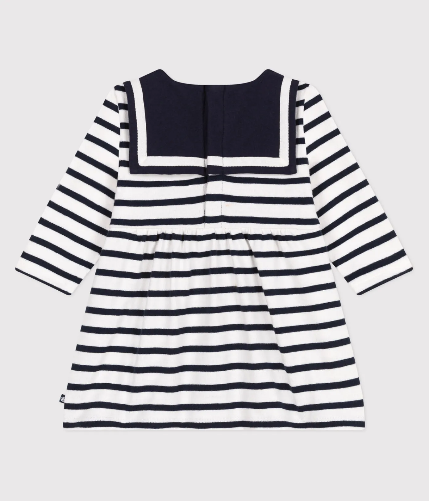 Petit Bateau Kleider*Langärmeliges Baby-Kleid aus festem Baumwollstoff mit Matrosenstreifen weiss MARSHMALLOW/blau SMOKING