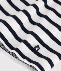 Petit Bateau Kleider*Langärmeliges Baby-Kleid aus festem Baumwollstoff mit Matrosenstreifen weiss MARSHMALLOW/blau SMOKING