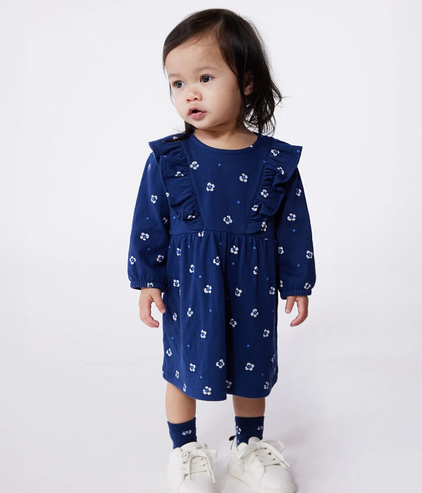 Petit Bateau Kleider*Langärmeliges Baby-Kleid aus Baumwolle mit Blumenmuster blau MEDIEVAL/weiss MULTICO