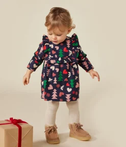 Petit Bateau Kleider*Langärmeliges Baby-Kleid aus Flanell blau SMOKING/weiss MULTICO