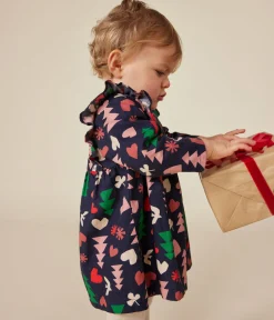 Petit Bateau Kleider*Langärmeliges Baby-Kleid aus Flanell blau SMOKING/weiss MULTICO