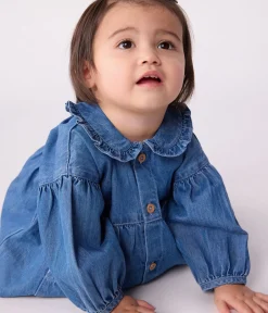 Petit Bateau Kleider*Langärmeliges Babykleid mit Kragen aus Denim blau DENIM CLAIR