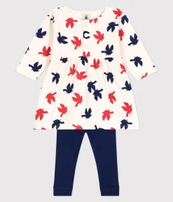 Petit Bateau Kleider*Langärmeliges Baby-Kleid und Leggings mit Vogelmotiv. weiss AVALANCHE/ MULTICO