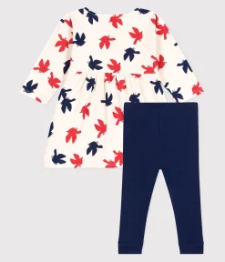 Petit Bateau Kleider*Langärmeliges Baby-Kleid und Leggings mit Vogelmotiv. weiss AVALANCHE/ MULTICO