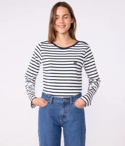 Petit Bateau Streifenshirts, Pullover, Cardigans*Langärmeliges Damen-Streifenshirt weiss MARSHMALLOW/blau SMOKING