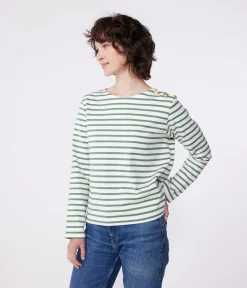 Petit Bateau Streifenshirts, Pullover, Cardigans*Langärmeliges Damen-Streifenshirt grün MARSHMALLOW/ PALMERAIE