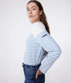 Petit Bateau Streifenshirts, Pullover, Cardigans*Langärmeliges Damen-T-Shirt weiss MARSHMALLOW/blau ALASKA