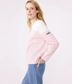 Petit Bateau Streifenshirts, Pullover, Cardigans*Langärmeliges Damen-T-Shirt weiss MARSHMALLOW/rosa CHARME