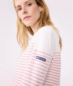 Petit Bateau Streifenshirts, Pullover, Cardigans*Langärmeliges Damen-T-Shirt weiss MARSHMALLOW/rosa CHARME