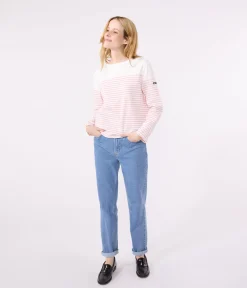 Petit Bateau Streifenshirts, Pullover, Cardigans*Langärmeliges Damen-T-Shirt weiss MARSHMALLOW/rosa CHARME