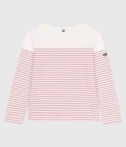 Petit Bateau Streifenshirts, Pullover, Cardigans*Langärmeliges Damen-T-Shirt weiss MARSHMALLOW/rosa CHARME