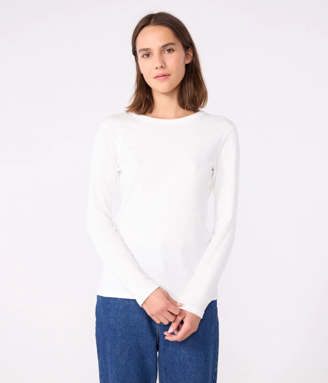 Petit Bateau Das Ikonische (Slim)|T-Shirts, Tanktops*Langärmeliges Damen-T-Shirt L'Iconique aus einfarbigem Rippstrick weiss ECUME
