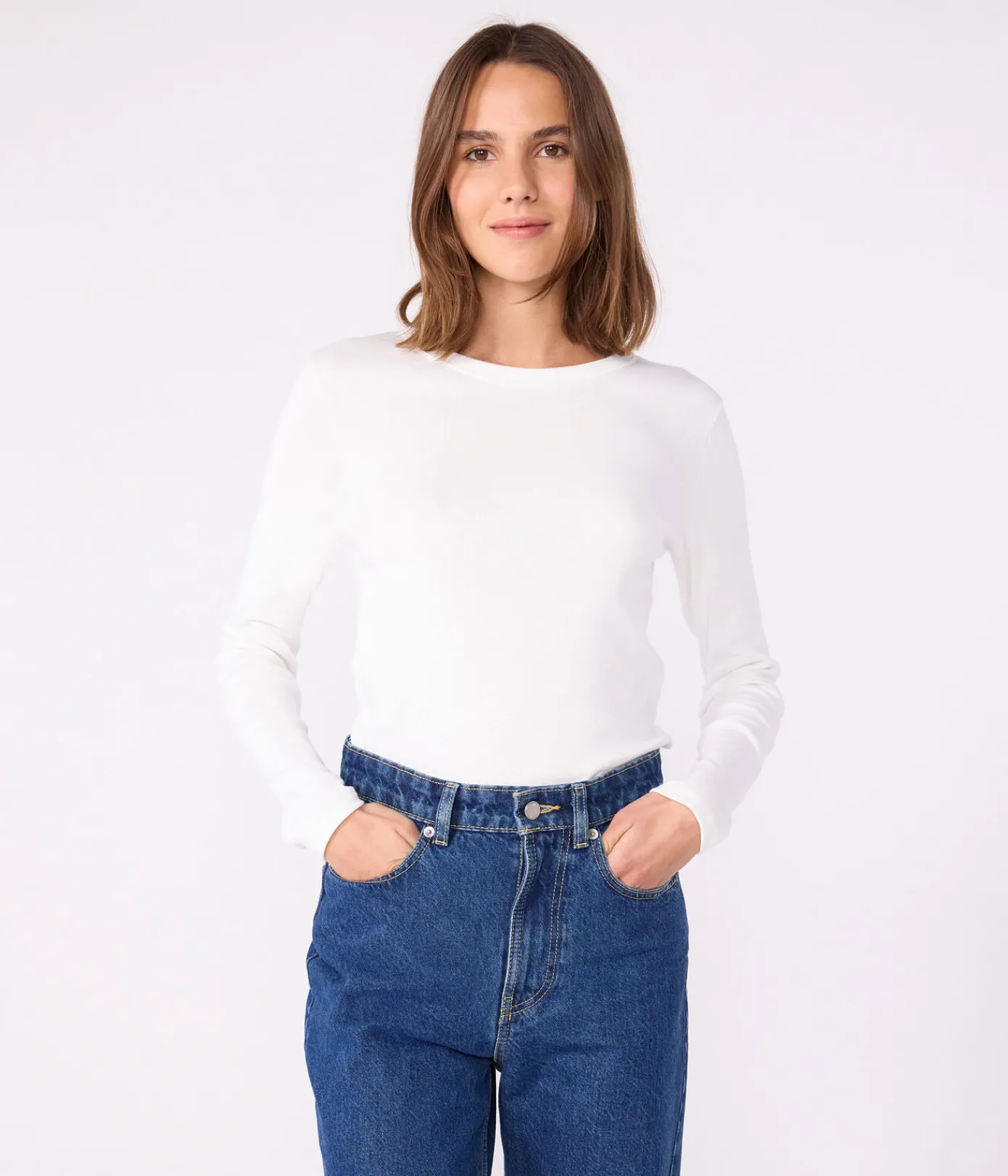 Petit Bateau Das Ikonische (Slim)|T-Shirts, Tanktops*Langärmeliges Damen-T-Shirt L'Iconique aus einfarbigem Rippstrick weiss ECUME