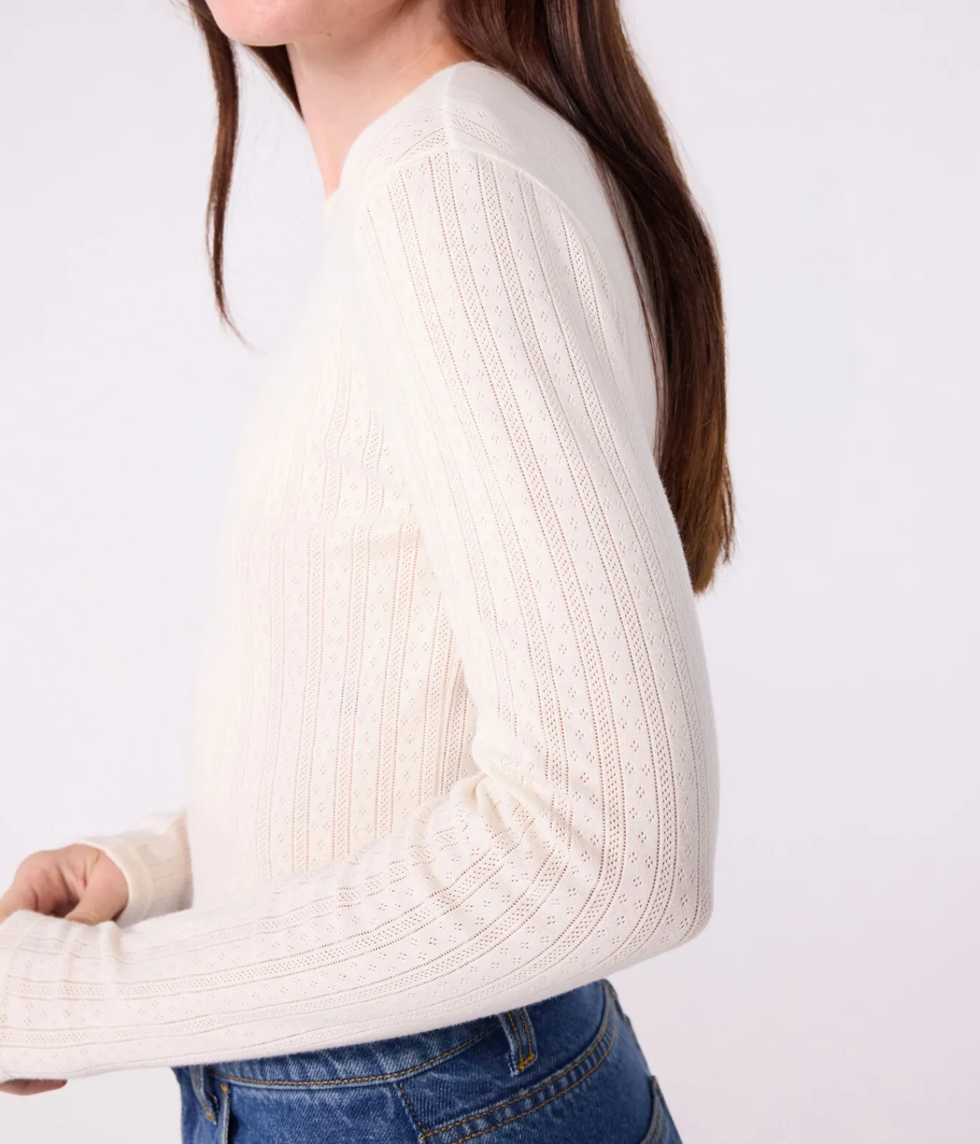Petit Bateau Alle Langarmshirts|T-Shirts, Tanktops*Langärmeliges Damen-T-Shirt L’Iconique aus Baumwolle mit Lochstickerei naturfarben MILK