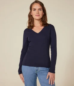 Petit Bateau Alle Langarmshirts|Das Ikonische (Slim)*Langärmeliges Damen-T-Shirt L'Iconique aus einfarbigem Rippstrick blau SMOKING