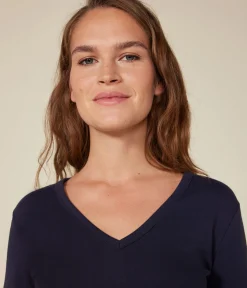 Petit Bateau Alle Langarmshirts|Das Ikonische (Slim)*Langärmeliges Damen-T-Shirt L'Iconique aus einfarbigem Rippstrick blau SMOKING