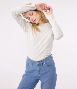 Petit Bateau Alle Langarmshirts|Das Ikonische (Slim)*Langärmeliges Damen-T-Shirt L'Iconique aus einfarbigem Rippstrick grau BELUGA CHINE