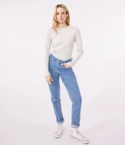 Petit Bateau Alle Langarmshirts|Das Ikonische (Slim)*Langärmeliges Damen-T-Shirt L'Iconique aus einfarbigem Rippstrick grau BELUGA CHINE