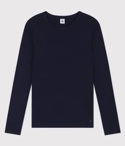 Petit Bateau Alle Langarmshirts|Das Ikonische (Slim)*Langärmeliges Damen-T-Shirt L'Iconique aus einfarbigem Rippstrick blau SMOKING