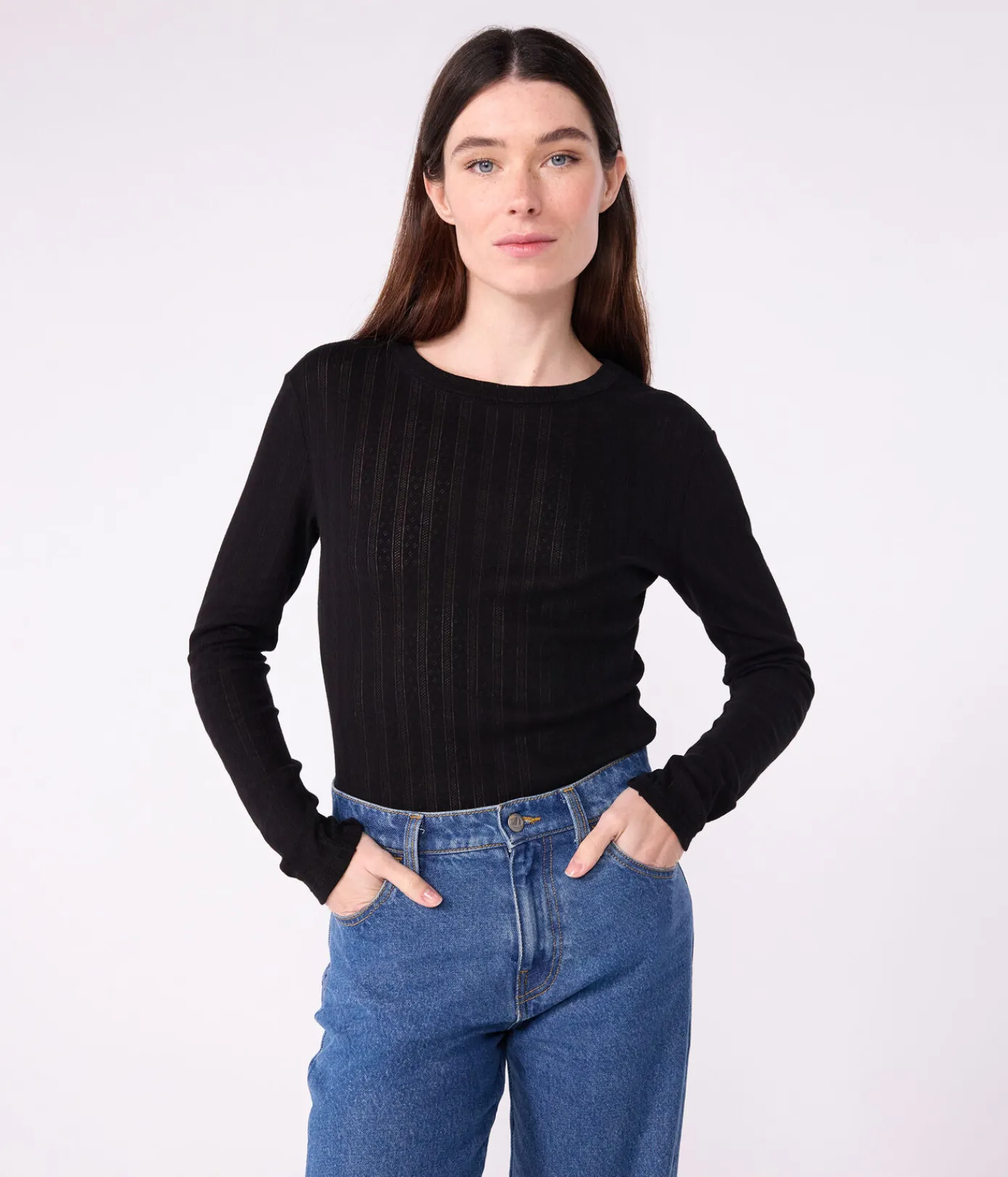 Petit Bateau Alle Langarmshirts|T-Shirts, Tanktops*Langärmeliges Damen-T-Shirt L’Iconique aus Baumwolle mit Lochstickerei schwarz BLACK