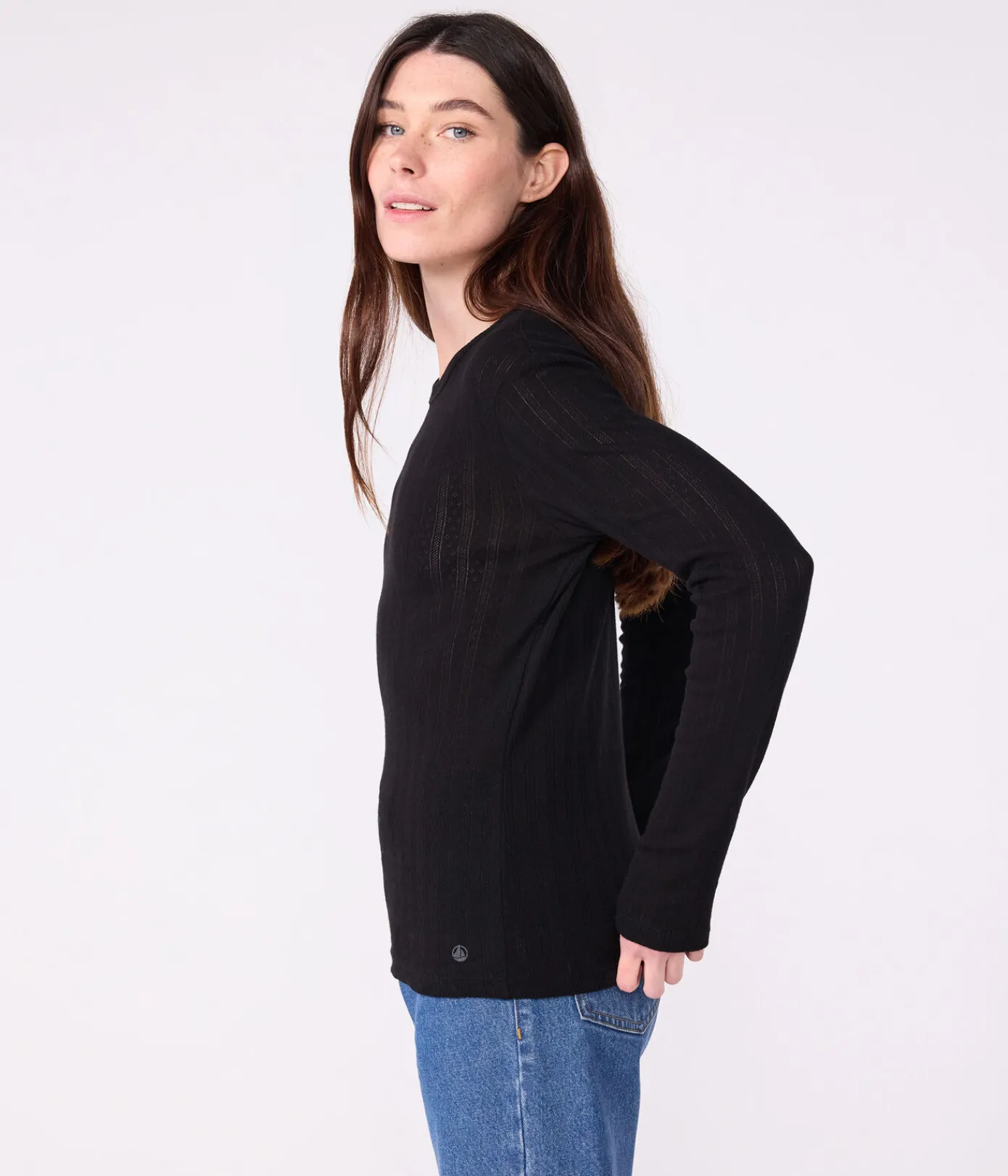 Petit Bateau Alle Langarmshirts|T-Shirts, Tanktops*Langärmeliges Damen-T-Shirt L’Iconique aus Baumwolle mit Lochstickerei schwarz BLACK