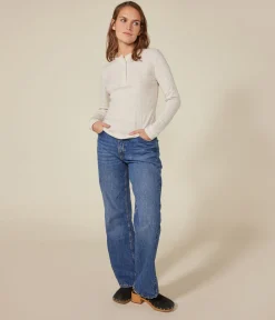 Petit Bateau Alle Langarmshirts|Das Ikonische (Slim)*Langärmeliges Damen-T-Shirt mit Kragen mit Knopfleiste im einfarbigen Nadelzug-Strick beige MONTELIMAR CHINE