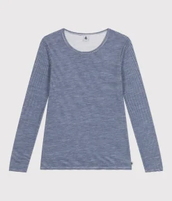 Petit Bateau Alle Langarmshirts|T-Shirts, Tanktops*Langärmeliges gestreiftes Damen-T-Shirt aus Wolle und Baumwolle blau MEDIEVAL/weiss MARSHMALLOW