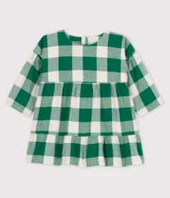 Petit Bateau Kleider*Langärmeliges kariertes Babykleid aus Flanell MATCHA/ AVALANCHE