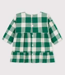 Petit Bateau Kleider*Langärmeliges kariertes Babykleid aus Flanell MATCHA/ AVALANCHE