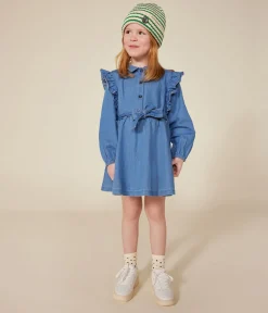 Petit Bateau Kleider, Röcke*Langärmeliges Kinder-Kleid aus leichtem Denim für Mädchen blau DENIM CLAIR