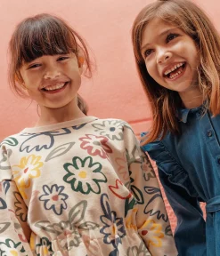 Petit Bateau Kleider, Röcke*Langärmeliges Kinder-Kleid aus Molton für Mädchen weiss AVALANCHE/ MULTICO