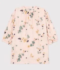 Petit Bateau Kleider, Röcke*Langärmeliges Kinderkleid aus Baumwollgaze für Mädchen rosa SALINE/weiss MULTICO