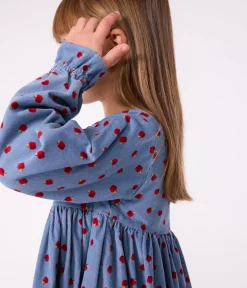 Petit Bateau Kleider, Röcke*Langärmeliges Kinder-Kleid aus bedrucktem Fein-Cord. blau ADRIATIC/ MULTICO