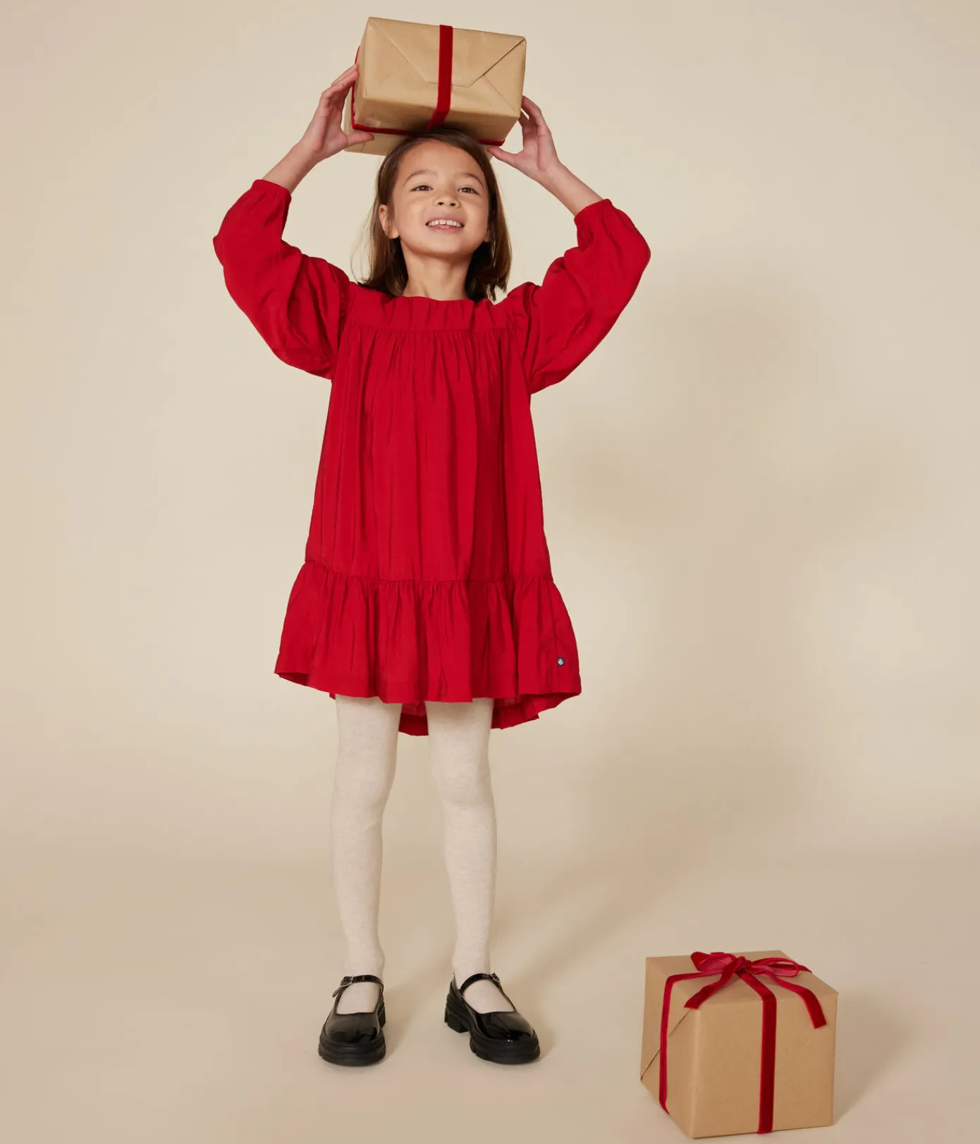 Petit Bateau Kleider, Röcke*Langärmeliges Kinder-Kleid aus Leinenstoff für Mädchen ROT AURORA