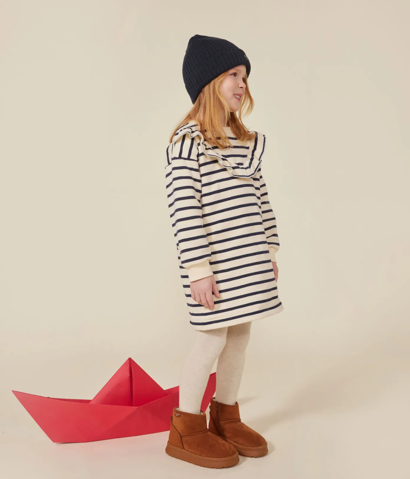 Petit Bateau Kleider, Röcke*Langärmeliges Kinder-Kleid aus aufgerautem Molton für Mädchen weiss AVALANCHE/blau SMOKING