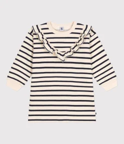 Petit Bateau Kleider, Röcke*Langärmeliges Kinder-Kleid aus aufgerautem Molton für Mädchen weiss AVALANCHE/blau SMOKING