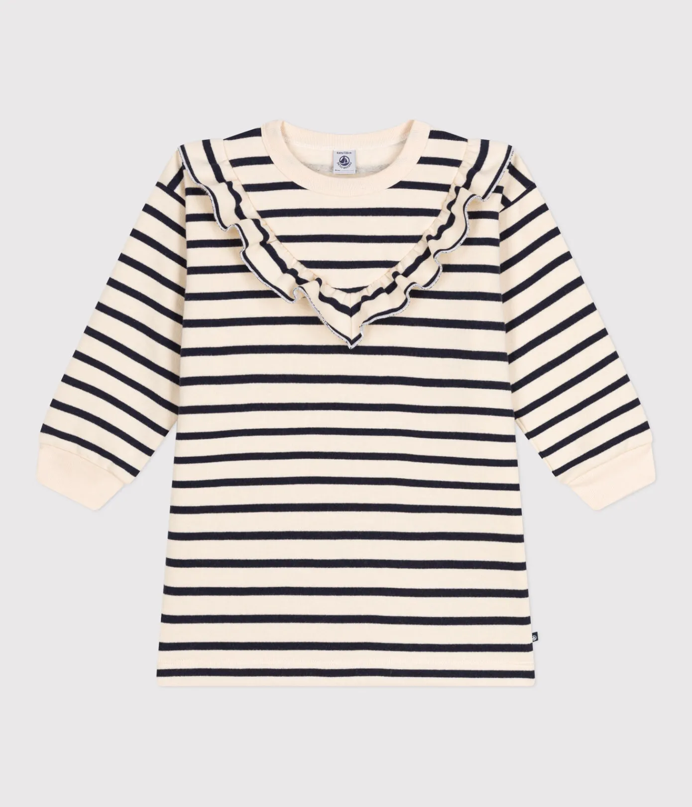 Petit Bateau Kleider, Röcke*Langärmeliges Kinder-Kleid aus aufgerautem Molton für Mädchen weiss AVALANCHE/blau SMOKING