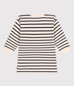 Petit Bateau Kleider, Röcke*Langärmeliges Kinder-Kleid aus aufgerautem Molton für Mädchen weiss AVALANCHE/blau SMOKING