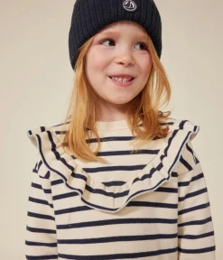 Petit Bateau Kleider, Röcke*Langärmeliges Kinder-Kleid aus aufgerautem Molton für Mädchen weiss AVALANCHE/blau SMOKING