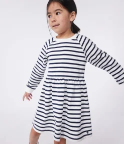Petit Bateau Kleider, Röcke*Langärmeliges Kinder-Kleid aus Baumwolle mit Streifen weiss MARSHMALLOW/blau SMOKING