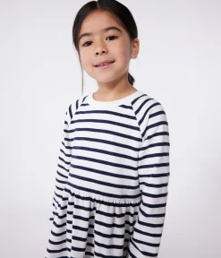 Petit Bateau Kleider, Röcke*Langärmeliges Kinder-Kleid aus Baumwolle mit Streifen weiss MARSHMALLOW/blau SMOKING