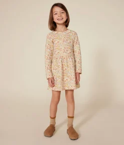 Petit Bateau Kleider, Röcke*Langärmeliges Kinder-Kleid aus Doppeljersey für Mädchen weiss AVALANCHE/ MULTICO