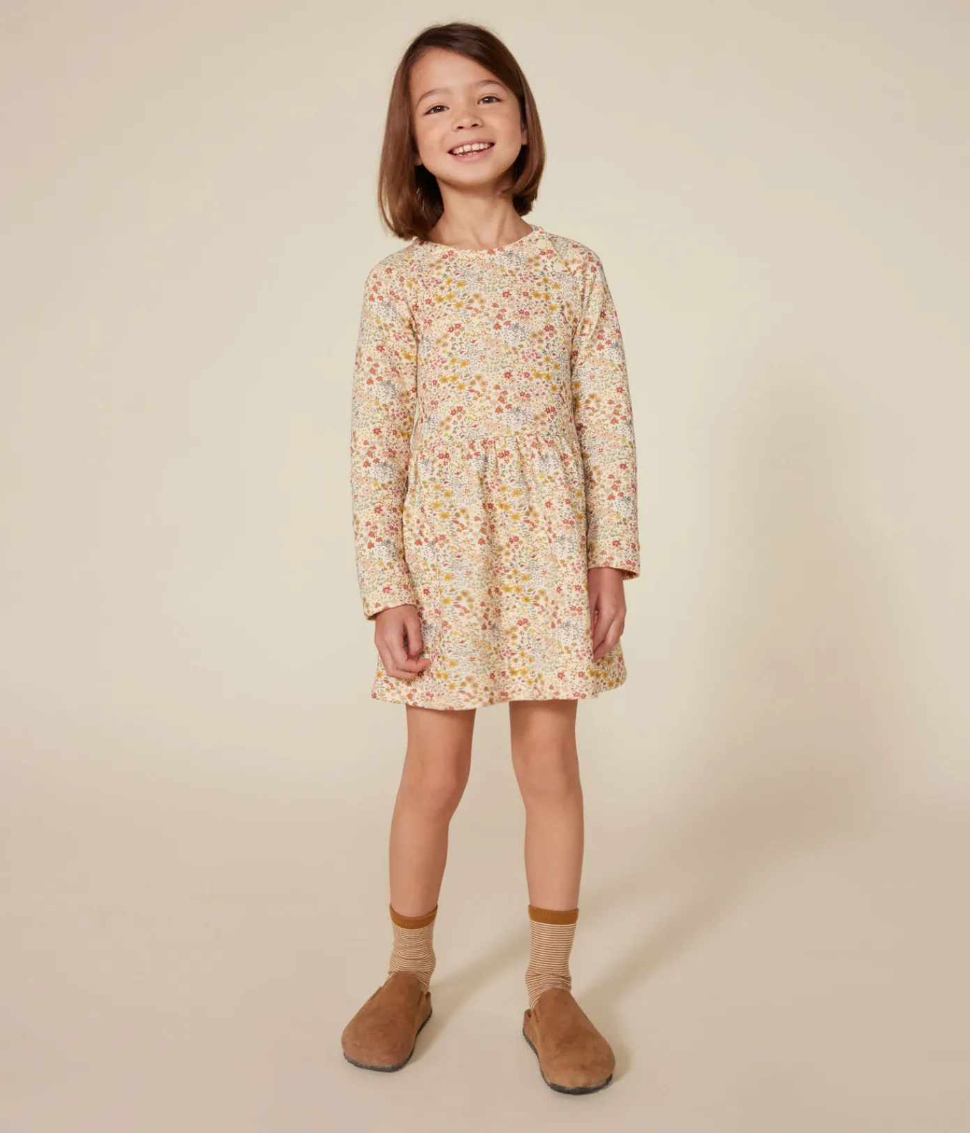 Petit Bateau Kleider, Röcke*Langärmeliges Kinder-Kleid aus Doppeljersey für Mädchen weiss AVALANCHE/ MULTICO