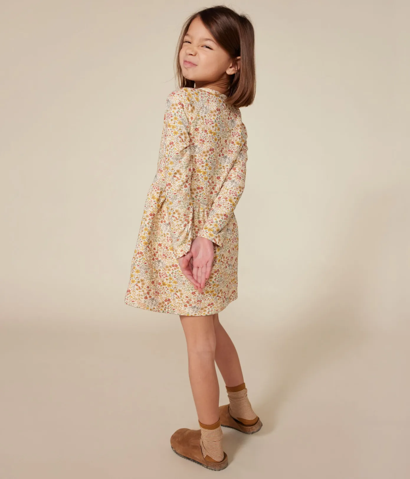 Petit Bateau Kleider, Röcke*Langärmeliges Kinder-Kleid aus Doppeljersey für Mädchen weiss AVALANCHE/ MULTICO