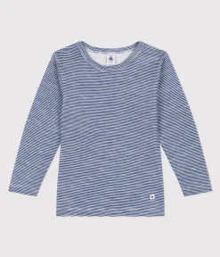Petit Bateau Unterhemden, Tanktops|T-Shirts, Poloshirts, Hemden*Langärmeliges Kinder-T-Shirt aus Wolle und Baumwolle mit Streifen blau MEDIEVAL/weiss MARSHMALLOW