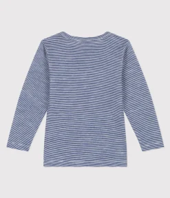 Petit Bateau Unterhemden, Tanktops|T-Shirts, Poloshirts, Hemden*Langärmeliges Kinder-T-Shirt aus Wolle und Baumwolle mit Streifen blau MEDIEVAL/weiss MARSHMALLOW