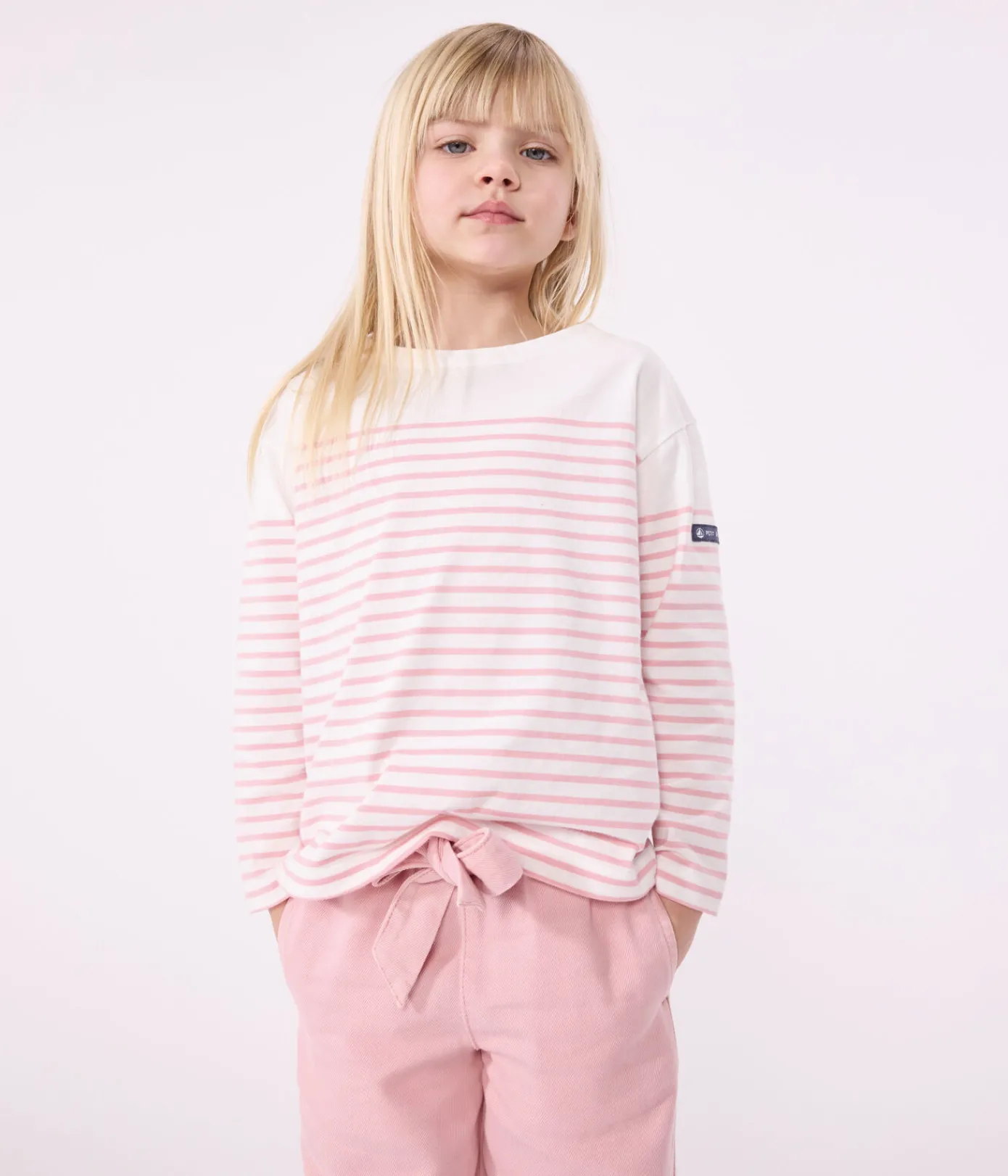 Petit Bateau Sweatshirts, Pullover, Cardigans*Langärmeliges Kinder-T-Shirt weiss MARSHMALLOW/rosa CHARME