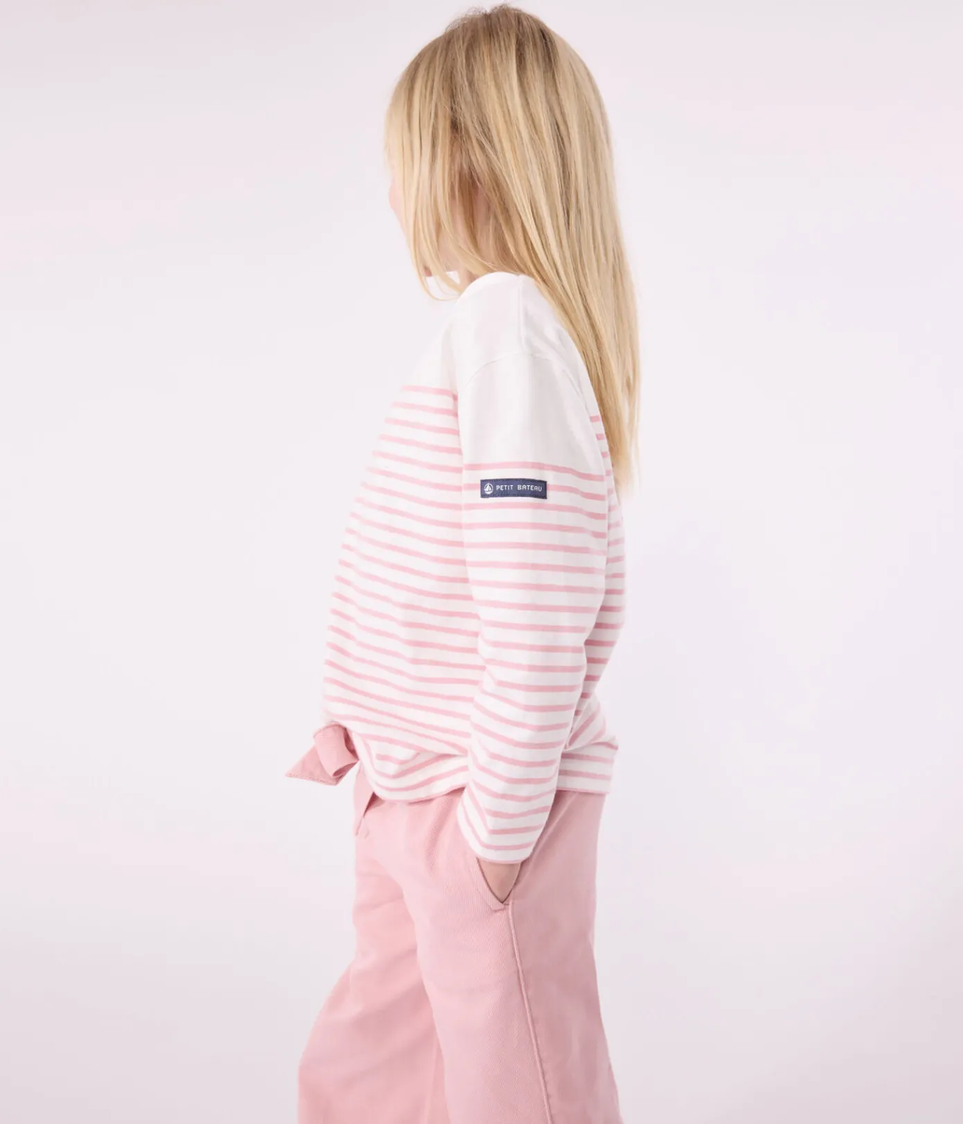 Petit Bateau Sweatshirts, Pullover, Cardigans*Langärmeliges Kinder-T-Shirt weiss MARSHMALLOW/rosa CHARME