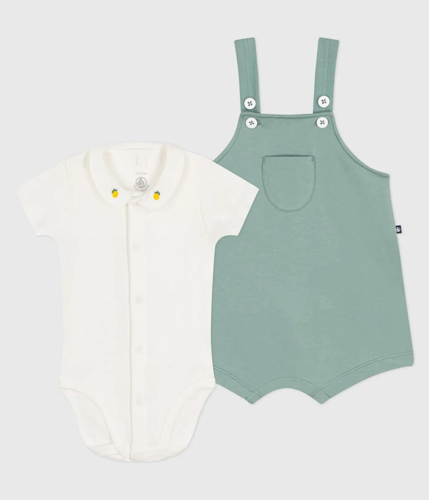 Petit Bateau Sets, Overalls & Latzhosen|Newborn*Newborn-Set Latzhose und bestickter Strampler aus einfarbiger Baumwolle grün PAUL