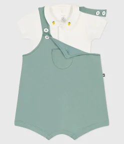 Petit Bateau Sets, Overalls & Latzhosen|Newborn*Newborn-Set Latzhose und bestickter Strampler aus einfarbiger Baumwolle grün PAUL